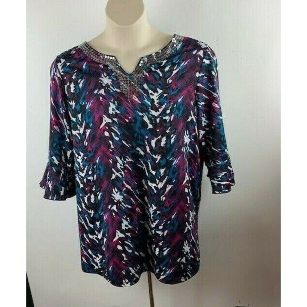 Russell Kemp New York Size 0X Top Womens Burgundy Print Sequins Ruffle Sleeve